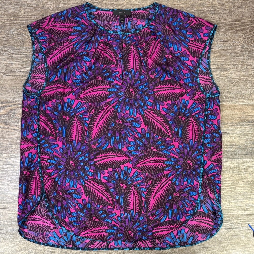 🌺 J.Crew 100% Silk Midnight Floral Print Sleeveless Blouse Size 12